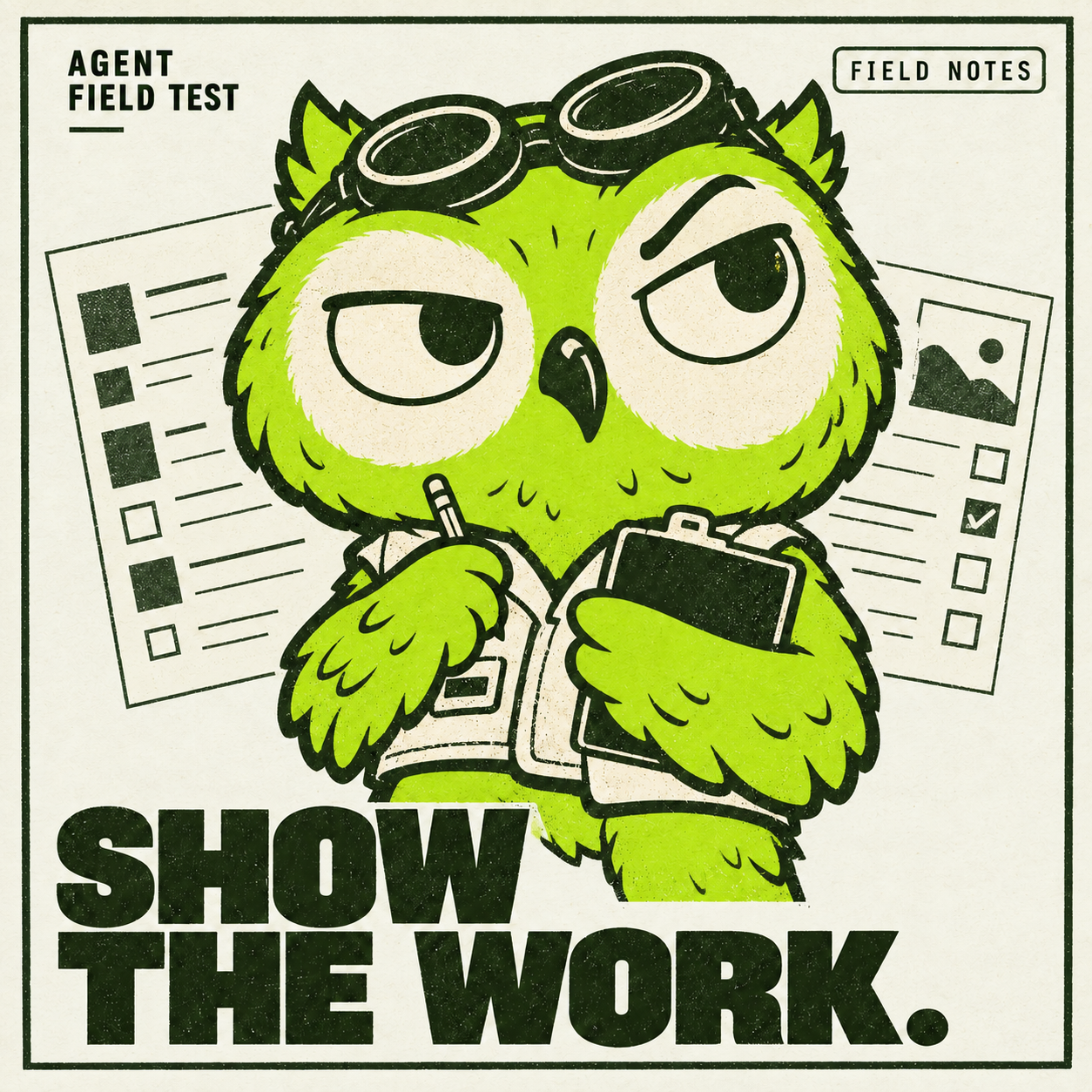 A lime owl field tester in a Show the Work poster
